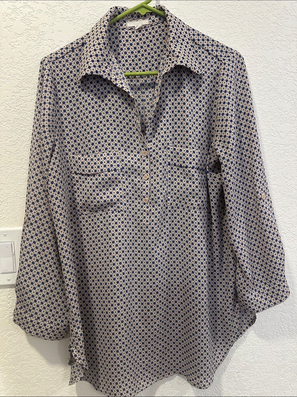Pleione Blue Dot Print Button-Front Shirt on Cream